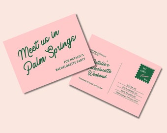 Bachelorette Invitation Post Card | Customizable Bachelorette Template | Pink Green Palm Springs Palm Beach | Preppy Coastal Retro Modern