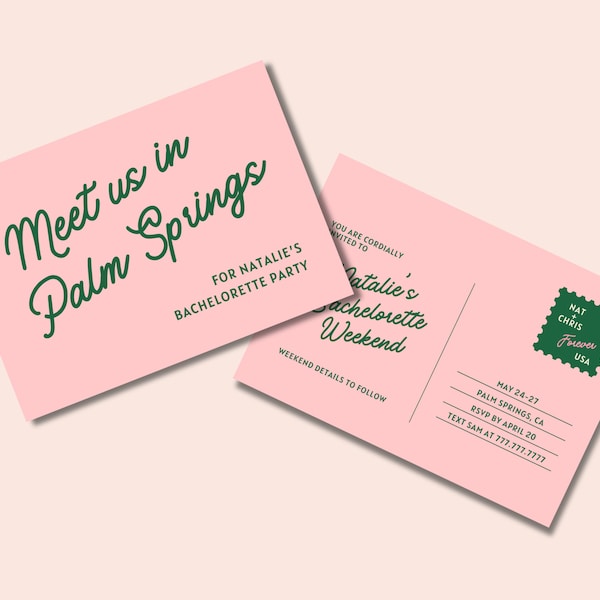 Palm Springs Bachelorette Invitation Postcard: Retro Pink & Green (Customizable Template)