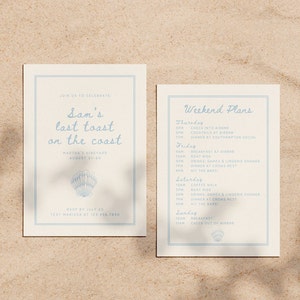 May include: A light blue and white invitation card with the text "Sam's last toast on the coast" and a seashell graphic. The card also includes a schedule of events for a weekend getaway to Martha's Vineyard, August 21-24.