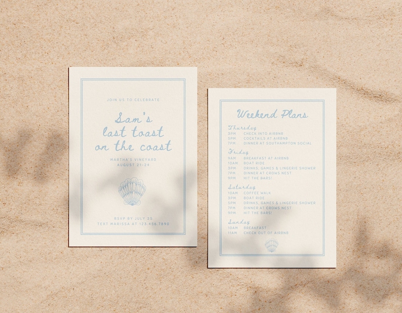 May include: A light blue and white invitation card with the text "Sam's last toast on the coast" and a seashell graphic. The card also includes a schedule of events for a weekend getaway to Martha's Vineyard, August 21-24.