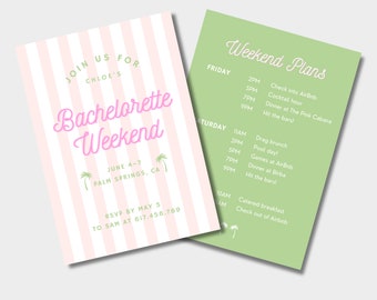 DELUXE Bachelorette Invitation & Itinerary | Customizable Bachelorette Template | Pink | Green | Palm Springs | Preppy | Coastal | Stripe