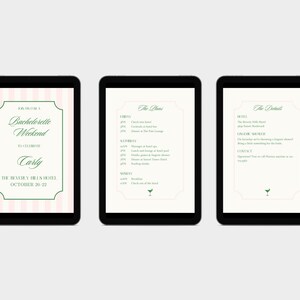 May include: Three digital invitations for a bachelorette weekend. The first invitation has a pink and white striped background with the text "For Carly, Bachelorette Weekend, To Celebrate Carly, The Beverly Hills Hotel, October 20-22". The second invitation has a white background with the text "The Plans" and a list of activities for Friday, Saturday, and Sunday. The third invitation has a white background with the text "The Details" and a list of details about the event.