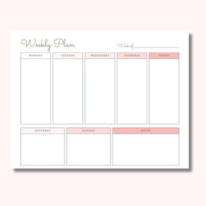 May include: A printable weekly planner with a simple design. The planner has spaces for each day of the week, including Saturday and Sunday, and a notes section. The planner is in black and white with a light pink accent.