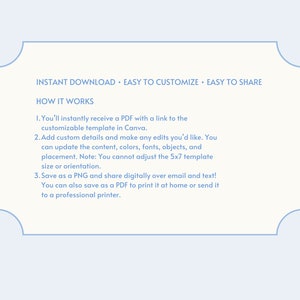 May include: A light blue digital download graphic with text that reads "INSTANT DOWNLOAD - EASY TO CUSTOMIZE - EASY TO SHARE." Instructions are provided on how to customize a template in Canva, save as PNG or PDF.