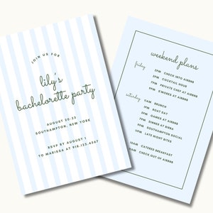 Blue White Bachelorette Invitation & Itinerary | Coastal Grandmother Bachelorette Party | Custom Editable Template Design | Striped
