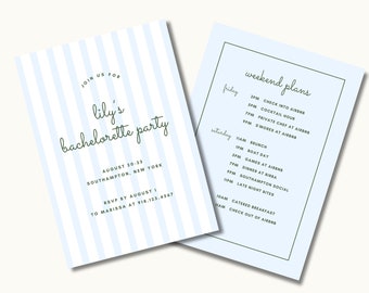 Blue White Bachelorette Invitation & Itinerary | Coastal Grandmother Bachelorette Party | Custom Editable Template Design | Striped