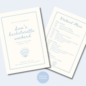 May include: Two cream-colored cards with blue text and a seashell graphic. One card reads "Sam's bachelorette weekend" with event details. The other card lists weekend plans. The cards are bordered in blue.
