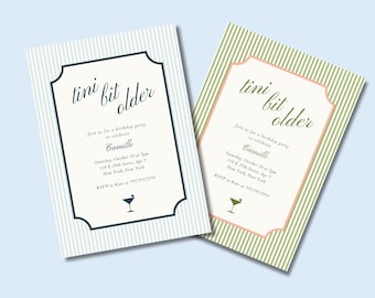 Tini Bit Older Birthday Invitation Template | Customizable Birthday Party digital evite | Blue Green Stripe | Martini | Preppy | Printable