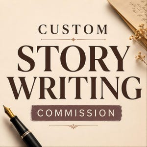 May include: A cream-colored background features the dark brown text CUSTOM STORY WRITING with the word COMMISSION inside a dark brown rectangular box. A black fountain pen with a gold nib is positioned in the lower left corner of the frame.