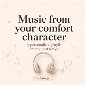 Könnte beinhalten: Beigefarbene Over-Ear-Kopfhörer unter dem Text "Music from your comfort character" und "A personalized playlist created just for you". Das Design enthält Noten, kleine Sterne, Herzen und den Text "25 songs" am unteren Rand.