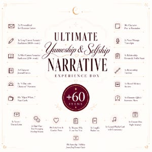 May include: A white informational graphic titled Ultimate Yumeship & Selfship Narrative Experience Box, featuring a central +60 items badge. It lists various paper goods including letters, scenarios, journal entries, note cards, and transcripts with icons.