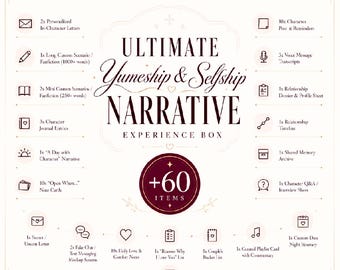 May include: A white informational graphic titled Ultimate Yumeship & Selfship Narrative Experience Box, featuring a central +60 items badge. It lists various paper goods including letters, scenarios, journal entries, note cards, and transcripts with icons.