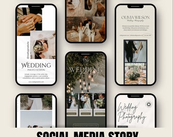 May include: Twelve social media story templates for wedding photographers. The templates feature a variety of wedding photography styles, including portraits, details, and ceremony shots. The templates are customizable and can be used to promote your wedding photography business.