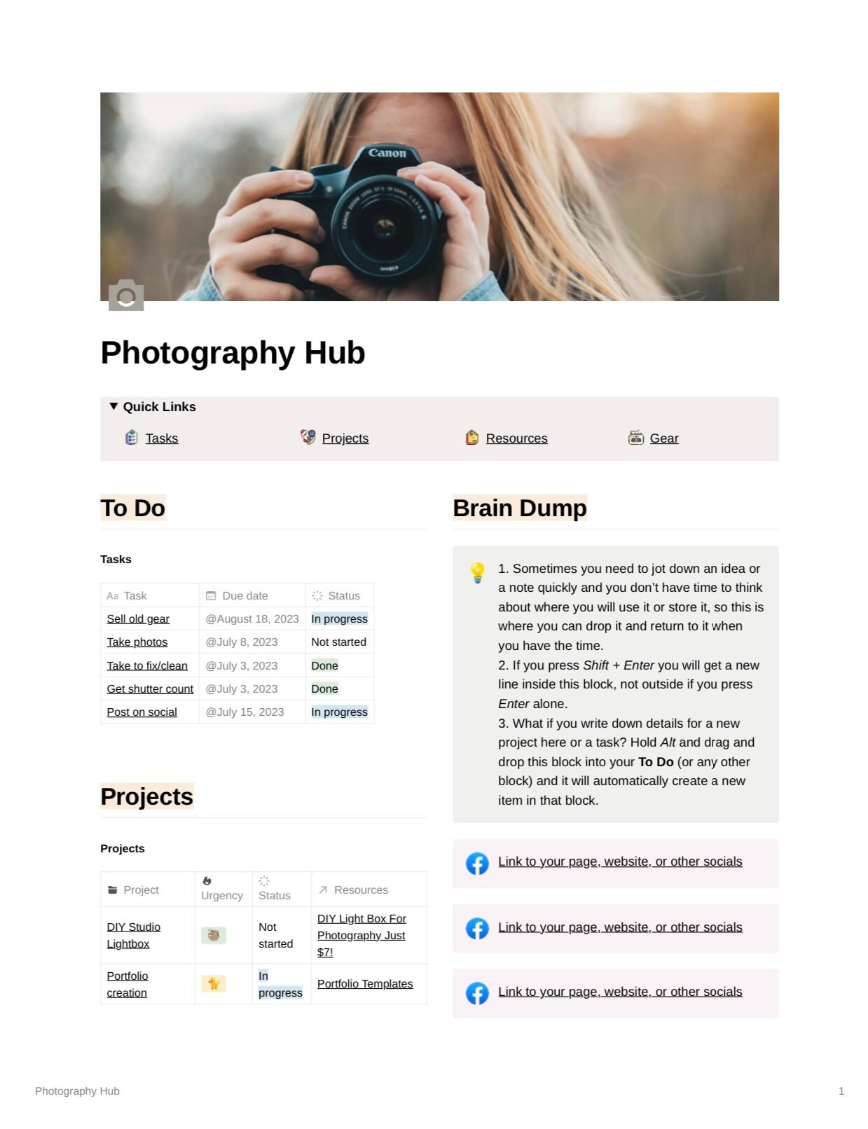 Photography NOTION Template Notion HUB Template Notion Workflow Photography NOTION Template Notion HUB Template Notion Workflow