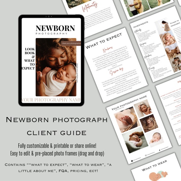 CANVA Newborn Photography style Guide magazine Template,Pre-written Newborn Welcome Guide Template,What to wear Templates,printable template