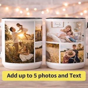 Peut inclure: Mug en céramique blanche avec une anse et un bord noirs, présentant un collage de photos de famille. La tasse a une bannière jaune en bas avec le texte "Add up to 5 photos and Text".