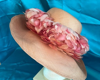 Vintage natural straw hat with 16” brim and organza pink petals from Gus Mayer New Orleans