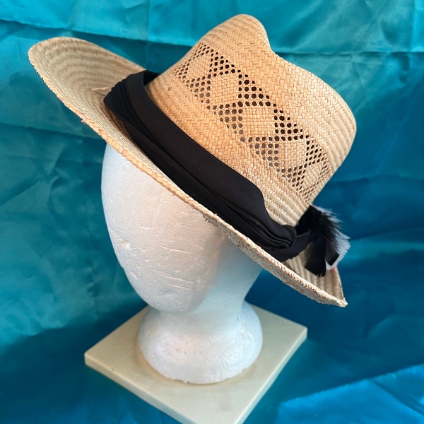 Vintage classic fedora Panama straw hat with black banding and feather accent