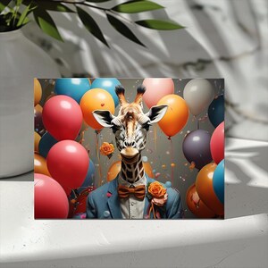 Tarjeta de felicitación de celebración con jirafa, globos y confeti