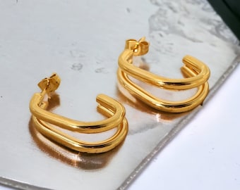 18Kゴールドメッキのダブルフープピアス - ミニマルなステンレススチール