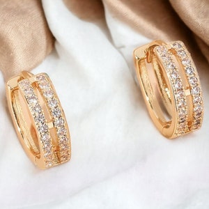 Gold Plated Double Hoop Earrings - Shiny Crystals Double Hoop Earrings - Elegant Hoop Earring - Perfect Gift For Her - Christmas Gift