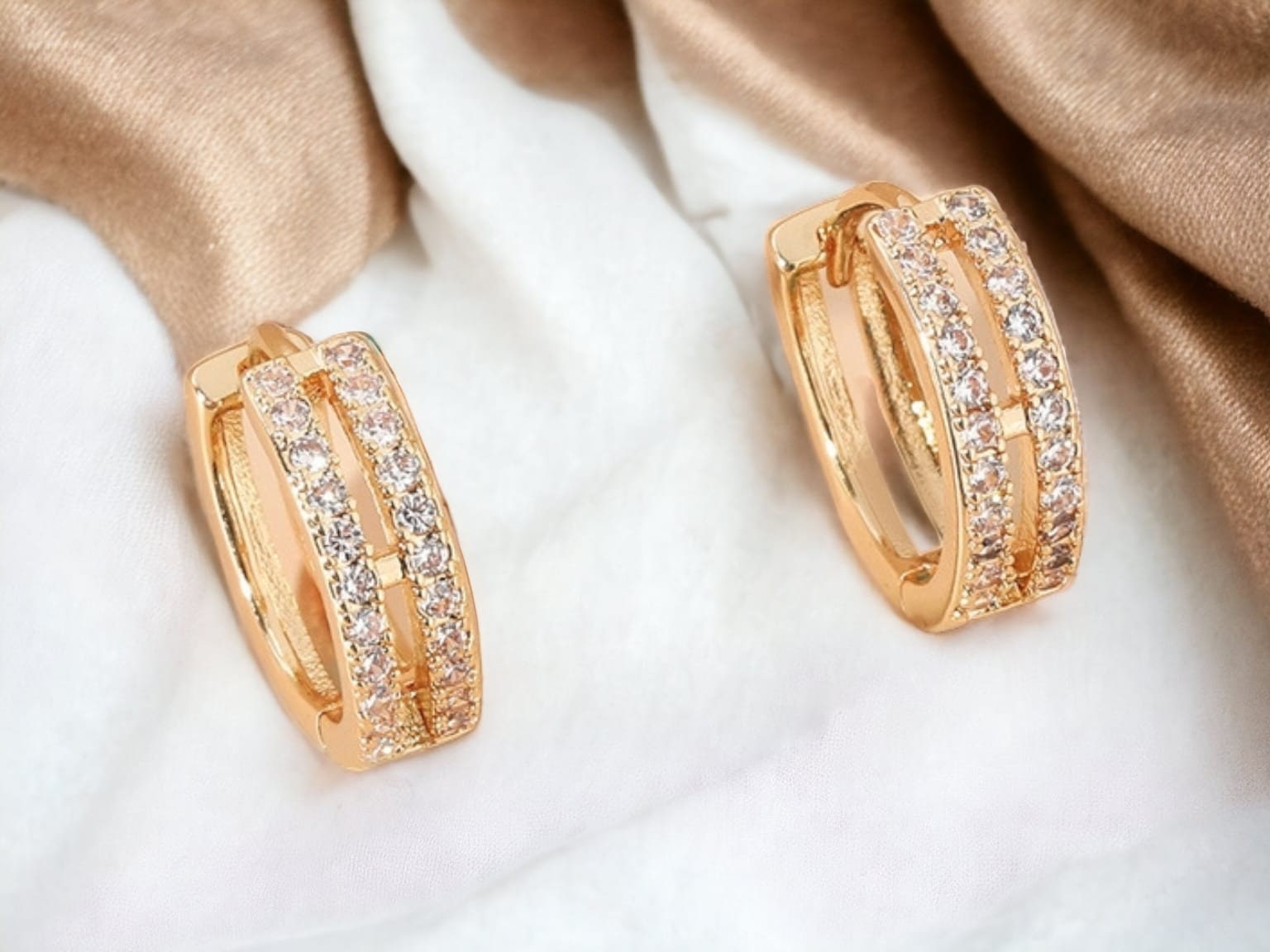 Gold Plated Double Hoop Earrings - Shiny Crystals Double