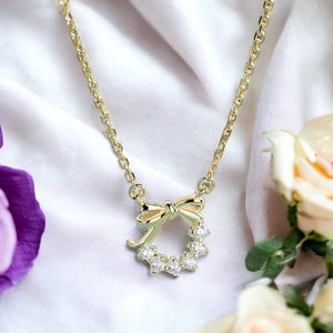 Sterling Silver Bow Necklace - Gold Colour Necklace - Elegant Small Crystals With Gold Bow - Dainty Sparkly Bow Necklace - Perfect Gift