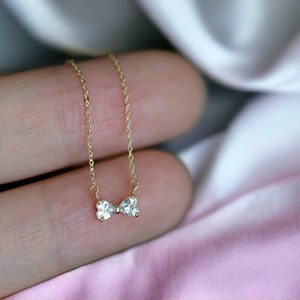 Sterling Silber 14K Vergoldete Fliege Halskette - Diamant Fliege Anhänger Halskette - Diamant Bogen Charm Halskette - Band Bogen Halskette