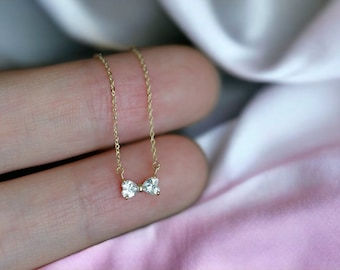Sterling Silver 14K Gold Plated Bow Tie Necklace - Diamond Bow Tie Pendant Necklace - Diamond Bow Charm Necklace - Ribbon Bow Necklace