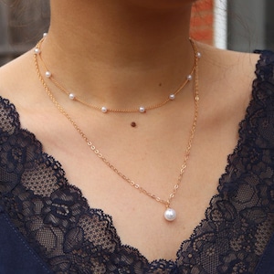 Natural Pearl Necklace - Double Chain Pearl Necklace - Elegant Big Pearl - Dainty Pearl Necklace - Perfect Gift For Her - Christmas Gift