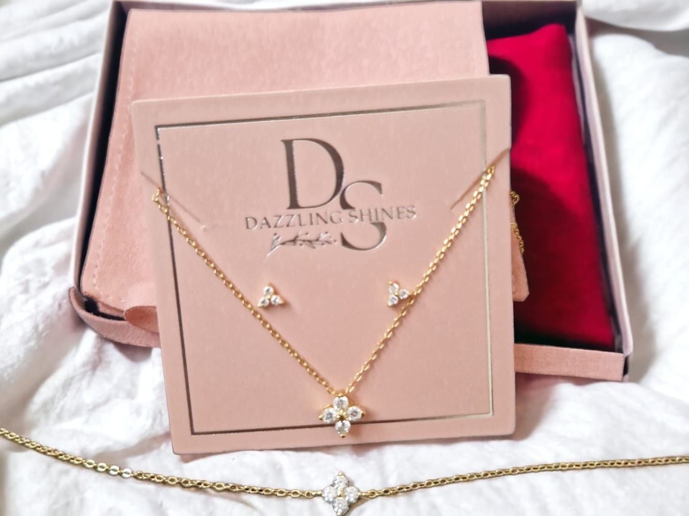 Sterling Silver Tiny & Dainty Flower Shaped 4 CZ Set - Flower Stud Earrings - Flower Bracelet And Necklace - Minimalist Elegant Three Set