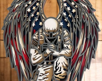 3D Patriotic Soldier Display Angelic  Soldier Layered Military Art