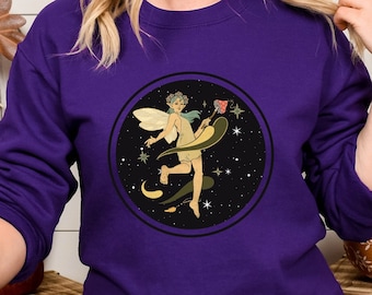 Fairycore Sweatshirt: Dancing Fairy, Magic Mushroom Wand, Night Stars