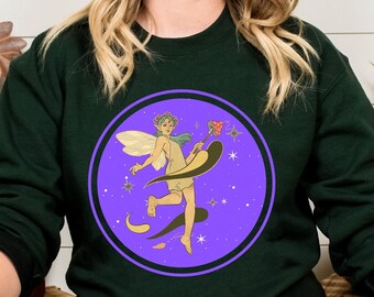 Fairycore Crewneck Sweatshirt: Dancing Fairy, Magic Mushroom Wand