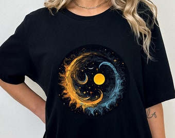 Sun Moon Swirling Sky T-shirt: Boho Astrology Graphic Tee