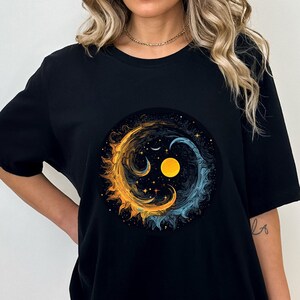 Sun Moon Swirling Sky T-shirt: Boho Astrology Graphic Tee