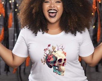 WhimsiCore Halloween Skull T-Shirt: Colorful Floral Skeleton, Gothic Fall Tee