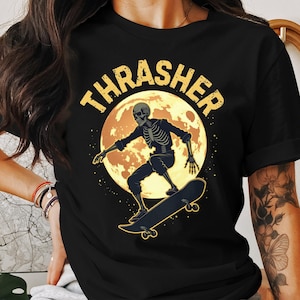 Skeleton Skateboarder T-Shirt Sweatshirt or Hoodie, Cool Skull Skateboarding Graphic T, Unique Skater Design, Halloween Thrasher Skate Shirt