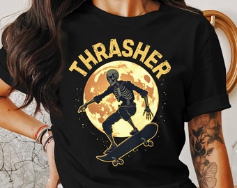 Skeleton Skateboarder T-Shirt Sweatshirt or Hoodie, Cool Skull Skateboarding Graphic T, Unique Skater Design, Halloween Thrasher Skate Shirt
