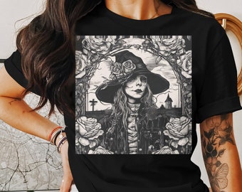 T-shirt graphique gothique roses sorcières, sweat-shirt ou sweat à capuche - Vêtements d'Halloween sombres