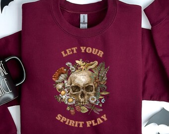 Sweat-shirt ras du cou gothique fantasmagorique féerique, laissez votre esprit jouer tête de mort, chemise sorcière, col rond Halloween, chemise tête de mort, chemise cadeau bohème