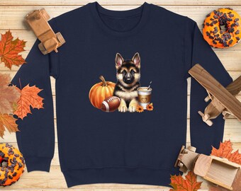 Sudadera con estampado de cachorro de pastor alemán para niño/niño con calabaza, fútbol, café y otoño. Regalo para amantes de los perros. Camiseta con temática otoñal. Ropa bonita para otoño.