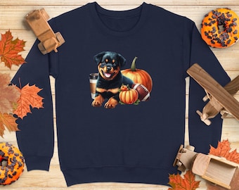 Sudadera de otoño con diseño de cachorro de rottweiler: café, fútbol y calabazas. Regalo otoñal para niños amantes de los perros.