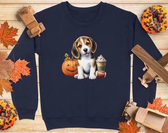 Sudadera con capucha para niño con bonito cachorro de beagle, calabaza, café con leche y fútbol, ideal para amantes de los perros en otoño, Halloween, Acción de Gracias, regalo para niños