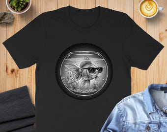 Sudadera o sudadera con capucha con diseño de pez dorado, gafas de sol con forma de pecera, camiseta con diseño único, camiseta con gráfico de pez dorado, regalo divertido de pez.