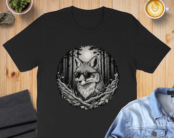 Sudadera o sudadera con capucha de zorro genial, zorro con gafas de sol, camiseta de animal, camiseta de bosque, diseño único, elegante camiseta de zorro, camiseta gráfica, regalo