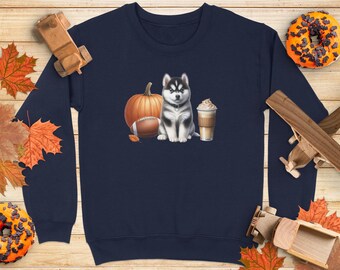 Sudadera infantil con adorable cachorro de husky, con calabaza, fútbol y café. Ideal para amantes de los perros en otoño. Regalo perfecto para cachorros en otoño.