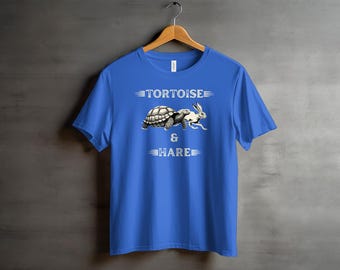 Tortoise and Hare Team T-Shirt, Vintage Inspired Retro Aesop Fable Graphic Shirt, Marathon Runner Gift, Slow and Steady Nature Lover Top