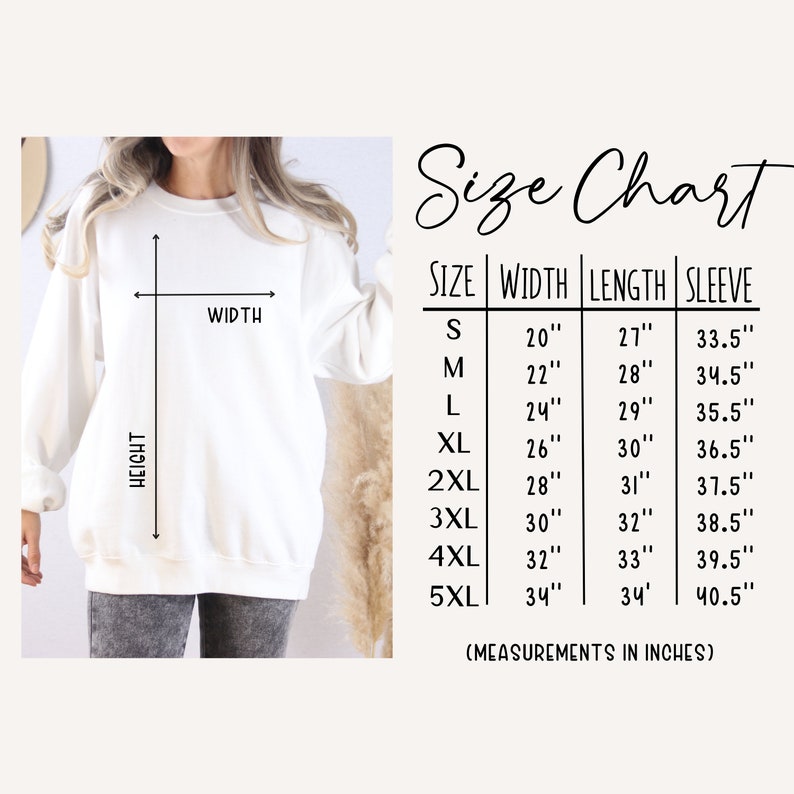 Peut inclure: Un sweat-shirt blanc avec un tableau des tailles. Le tableau indique les mesures en pouces pour la largeur, la longueur et la longueur des manches, allant de la taille S &agrave; 5XL. Le texte "Size Chart" est &eacute;crit en cursive.
