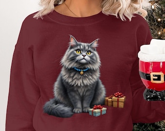Cute Fluffy Cat Gift T-Shirt Sweatshirt or Hoodie, Adorable Cat Presents Tee, Fun and Cozy Cat Lover Shirt, Perfect Gray Cat Family Gift